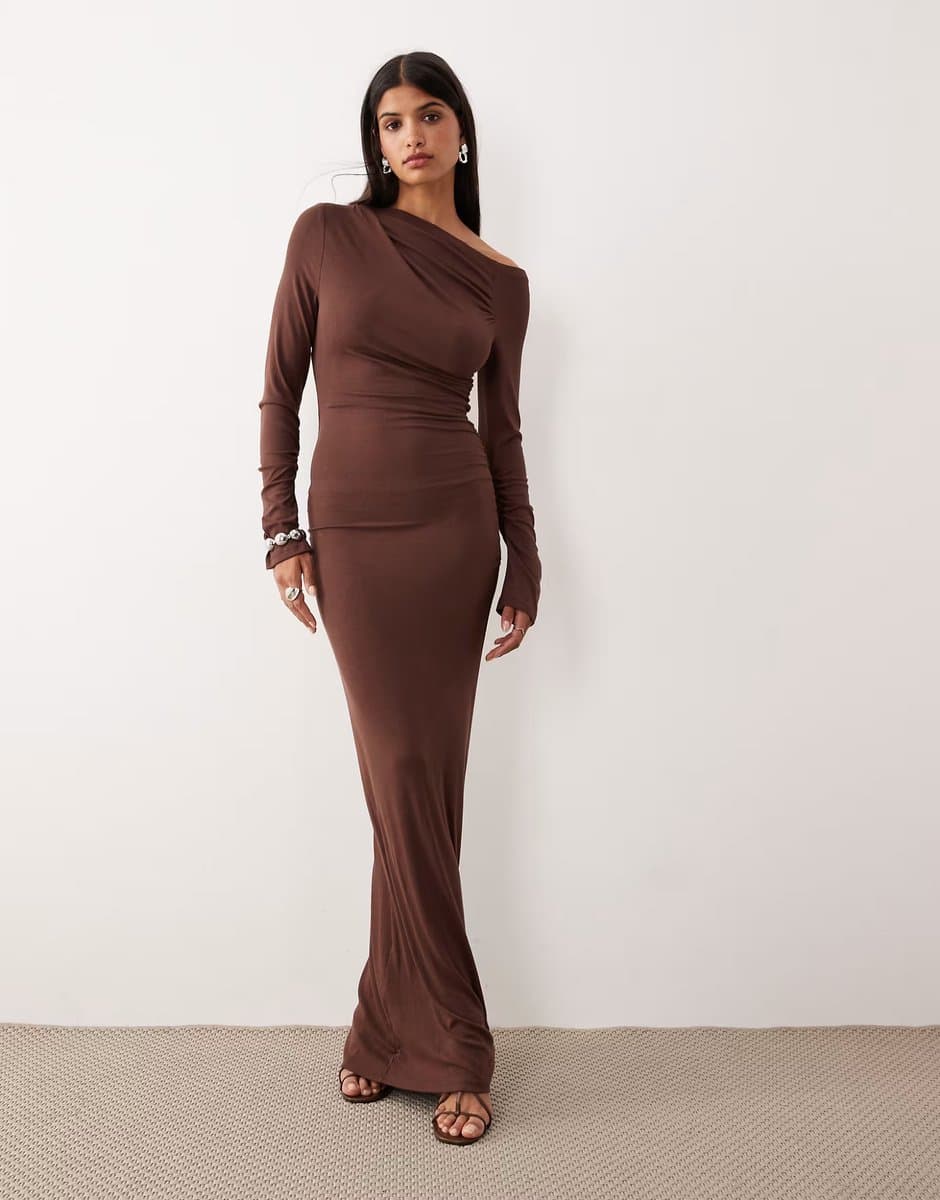 ASOS SNDYS fine rib off shoulder ruched detail maxi dress in chocolate