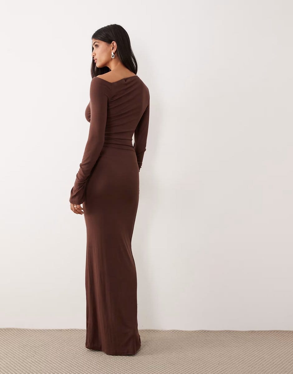 ASOS SNDYS fine rib off shoulder ruched detail maxi dress in chocolate - 4