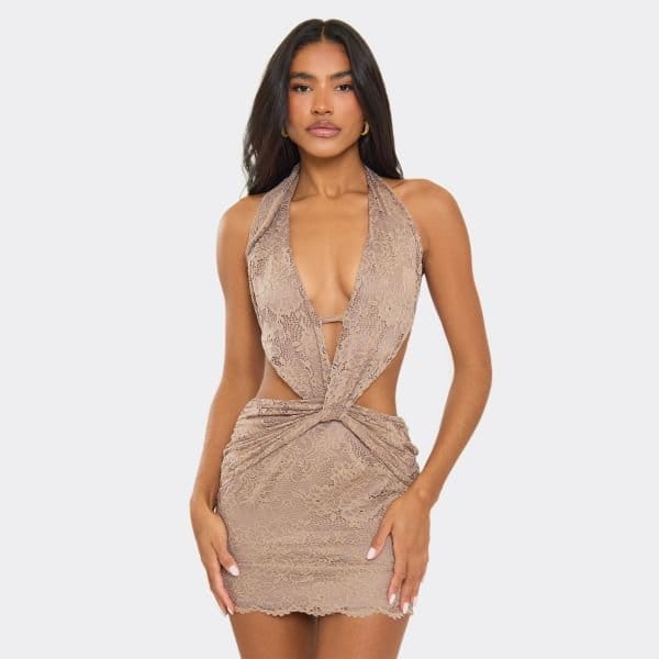 EGO Halterneck Cut Out Detail Open Back Mini Dress In Mocha Lace, Women's Size UK 6 - 1