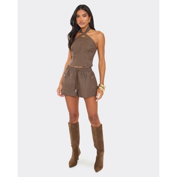 EGO Mid Rise Drawstring Waist Detail Micro Mini Shorts In Brown Wet Look, Women's Size UK 4 - 2