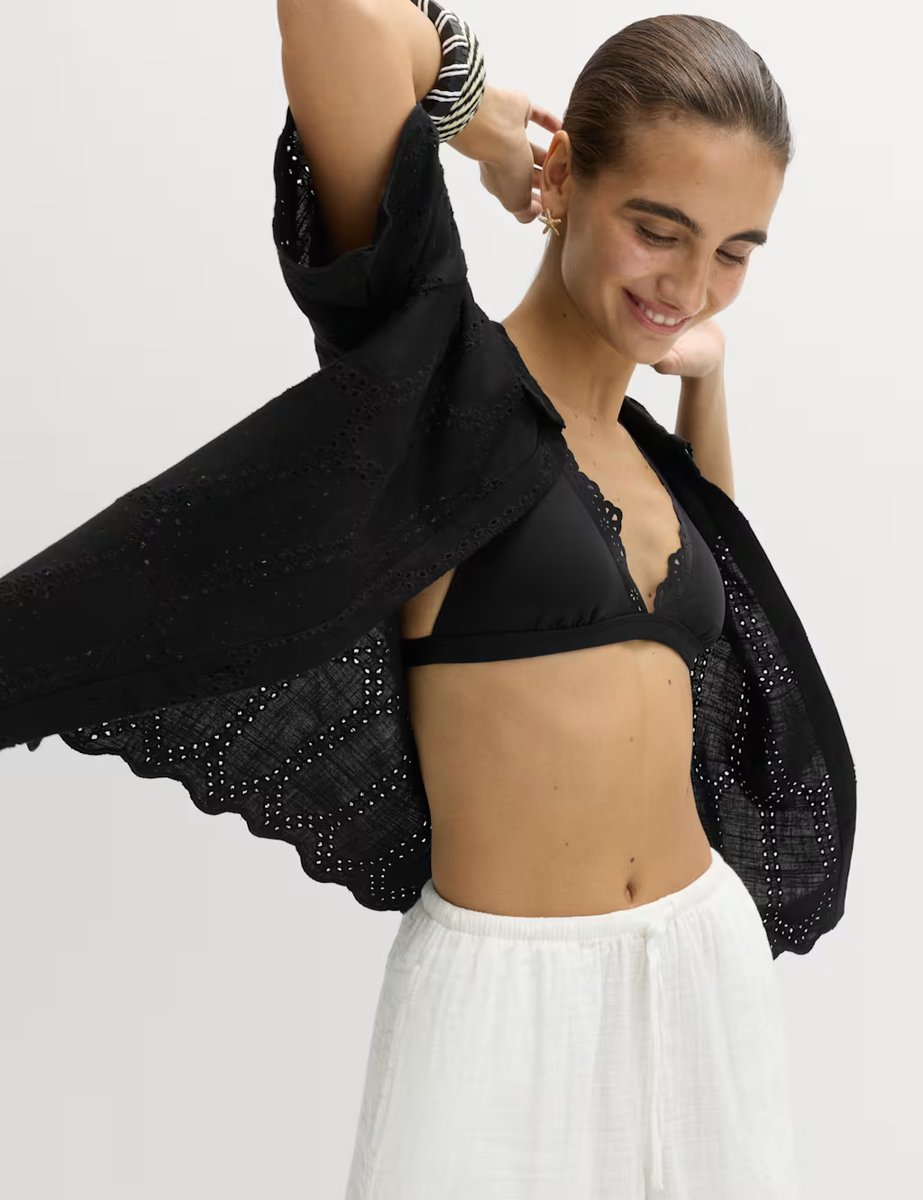 Marks & Spencer M&S Broderie Collared Cutwork Detail Shirt with Linen Black - 2