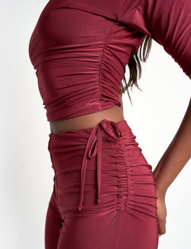 Public Desire Slinky Ruched Short Sleeve Top Co Ord Burgundy - 3
