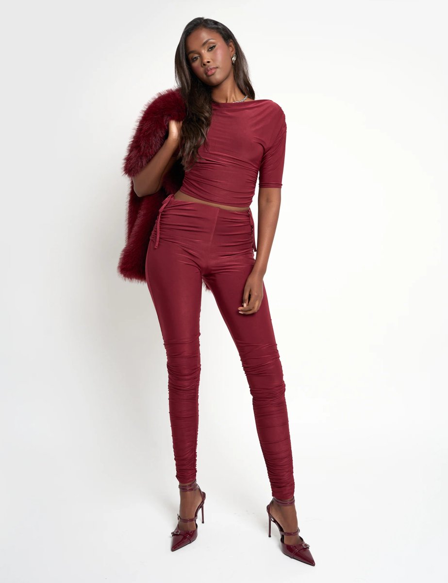 Public Desire Slinky Ruched Short Sleeve Top Co Ord Burgundy - 4
