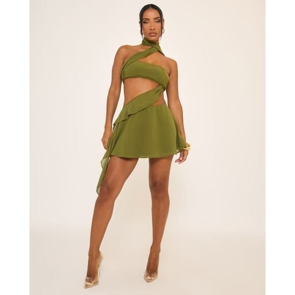 EGO Asymmetric Ruffle Flippy Hem Mini Dress In Khaki Green Chiffon, Women's Size UK 10 - 2