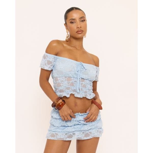 EGO Off The Shoulder Tie Bow Front Top In Blue Shirred Lace, Women's Size UK 6
