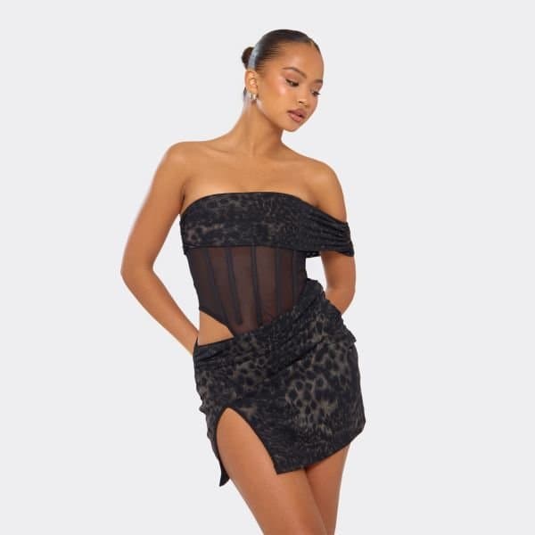 EGO Bardot One Sleeve Mesh Panel Detail Mini Dress In Black Leopard Print, Women's Size UK 6