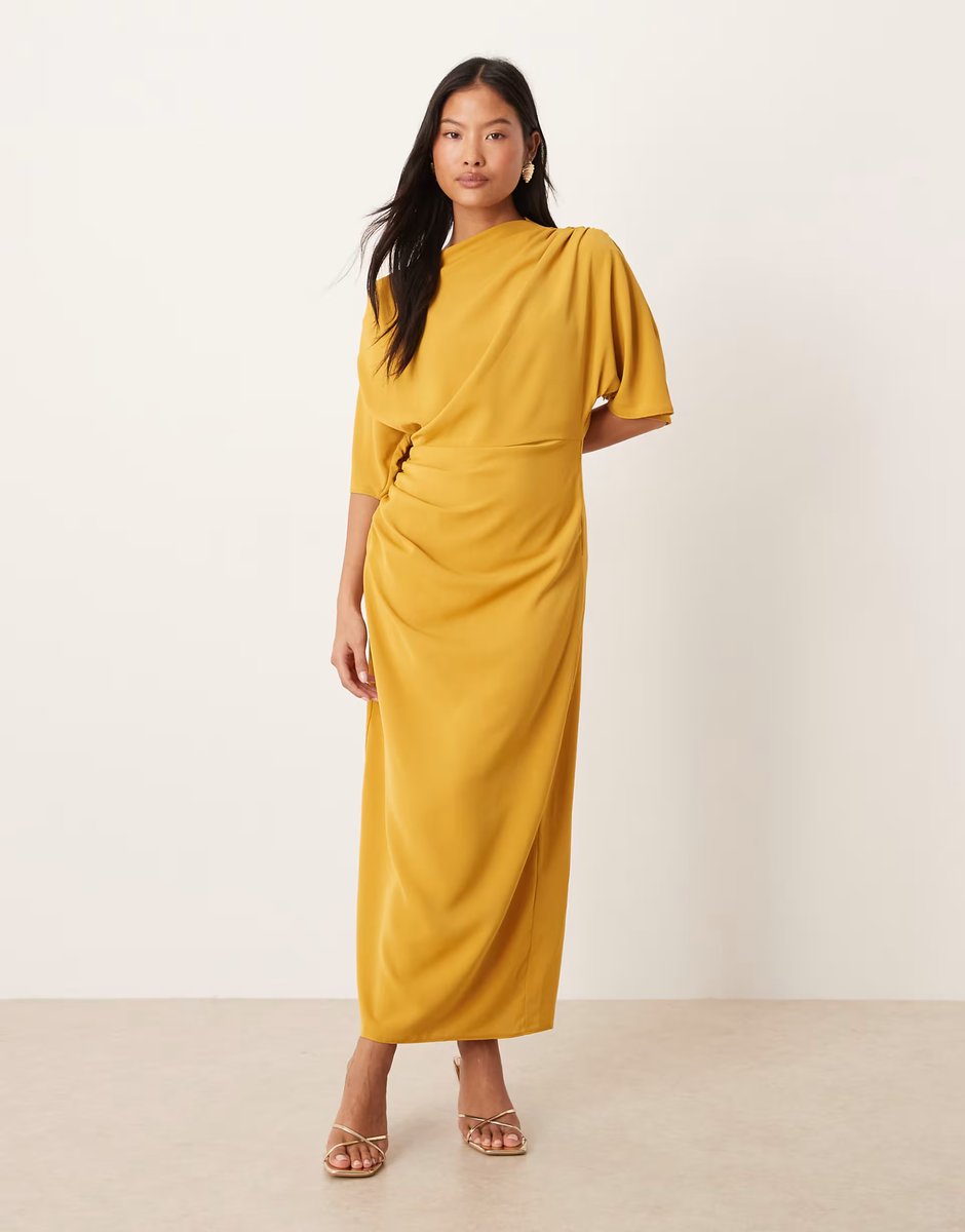 ASOS ASOS DESIGN Petite drop shoulder draped slinky midi dress in gold - 3