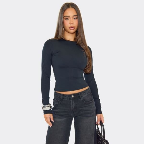 EGO Long Sleeve Fitted Top In Black, Women's Size UK 4 - 1