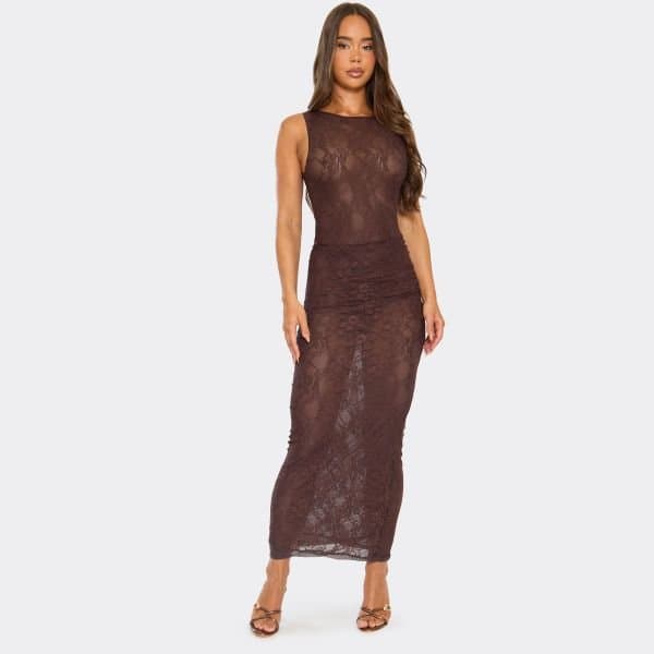 EGO Asymmetric Ruched Detail Maxi Skirt In Brown Lace, Women's Size UK 6