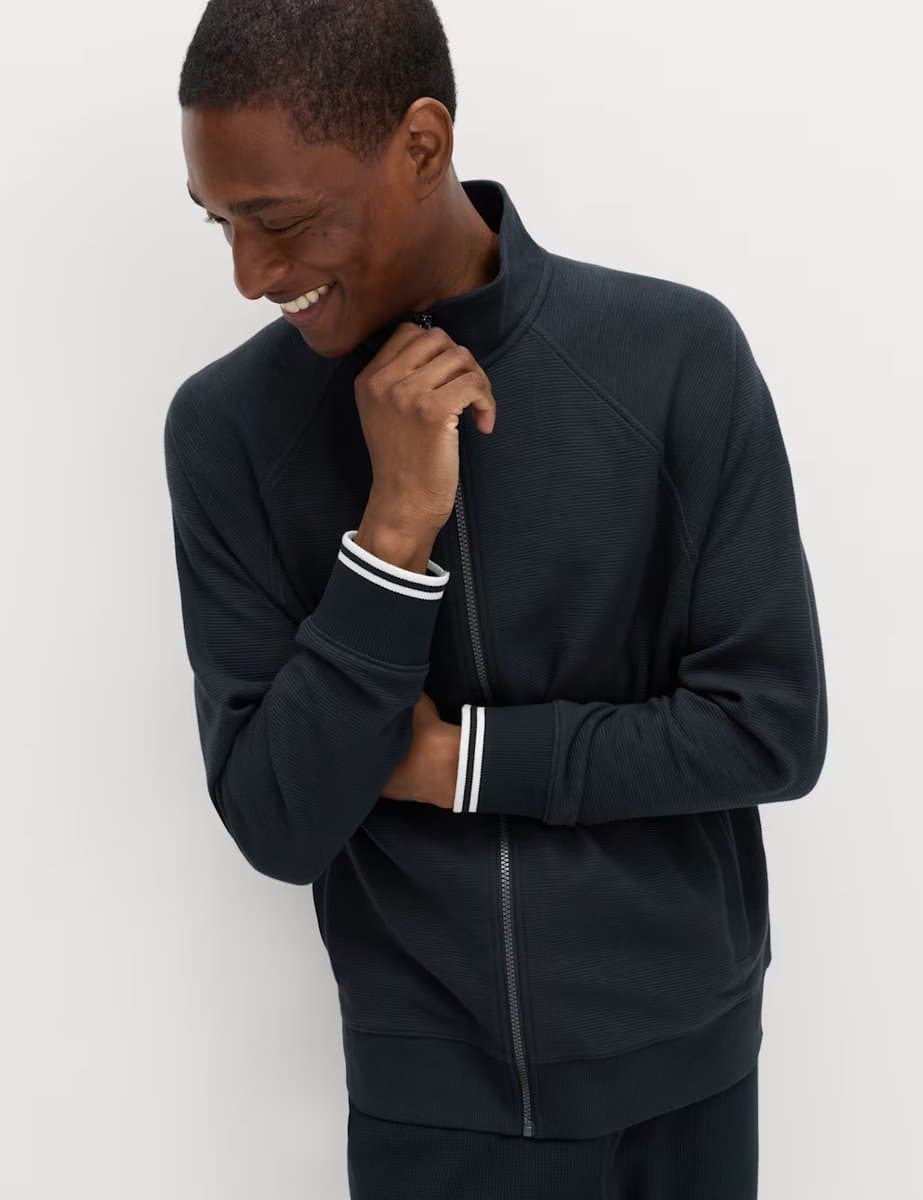 Marks & Spencer M&S Cotton Rich Rib Zip Up Loungewear Top Navy