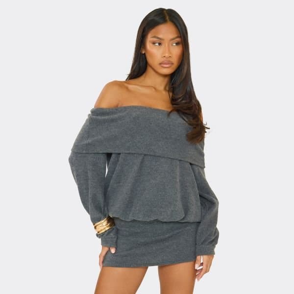 EGO Bardot Fold Over Blouson Detail Mini Dress In Grey Rib, Women's Size UK 6