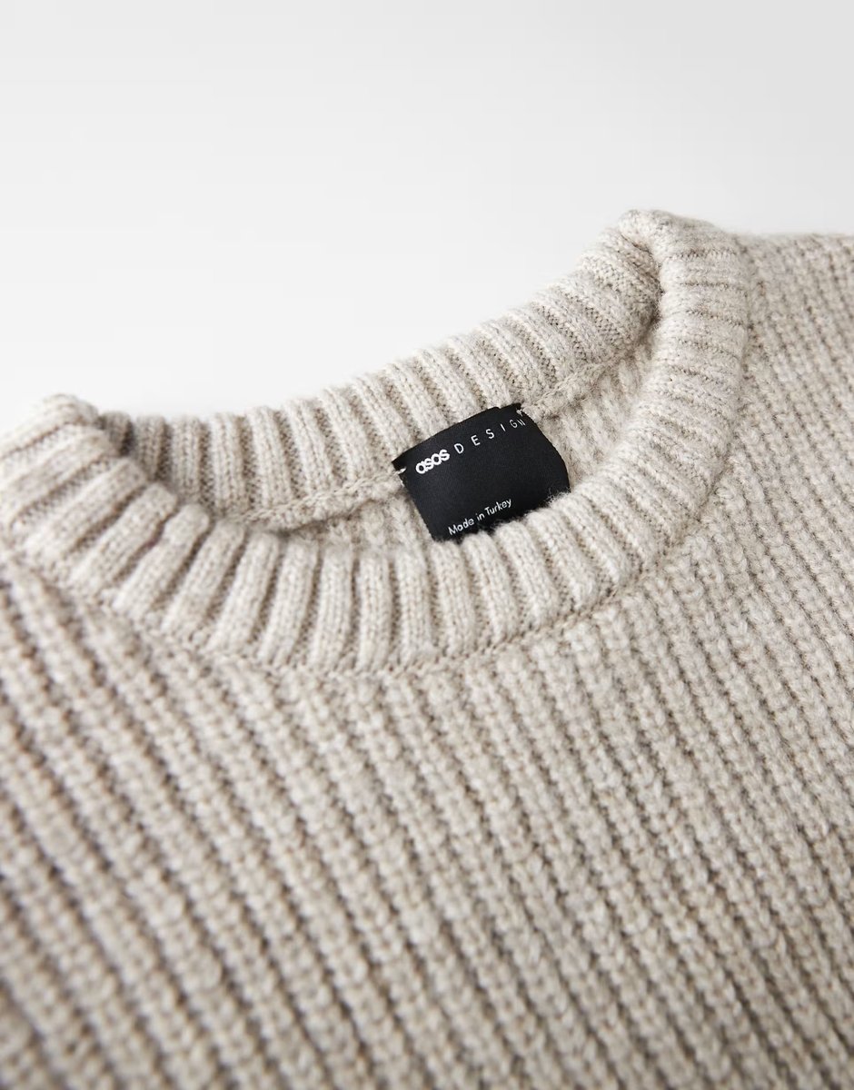 ASOS ASOS DESIGN super oversized boxy fit knitted fisherman rib notch neck jumper in beige - 3