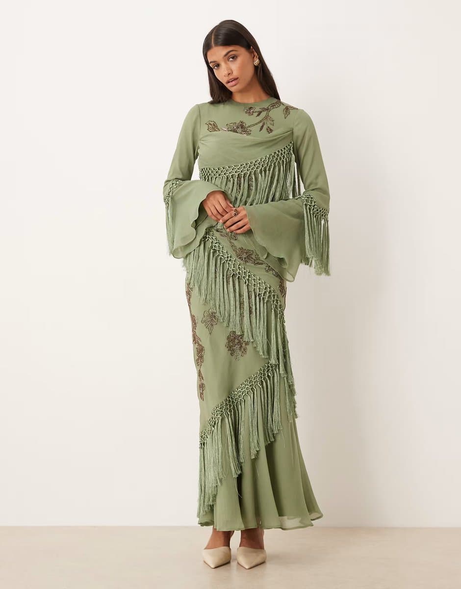 ASOS ASOS DESIGN long sleeve floral embellished maxi dress with draped fringing in light khaki