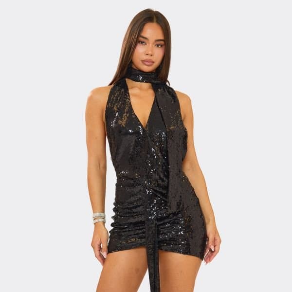 EGO Halterneck Scarf Drape Detail Mini Dress In Black Sequin, Women's Size UK 8