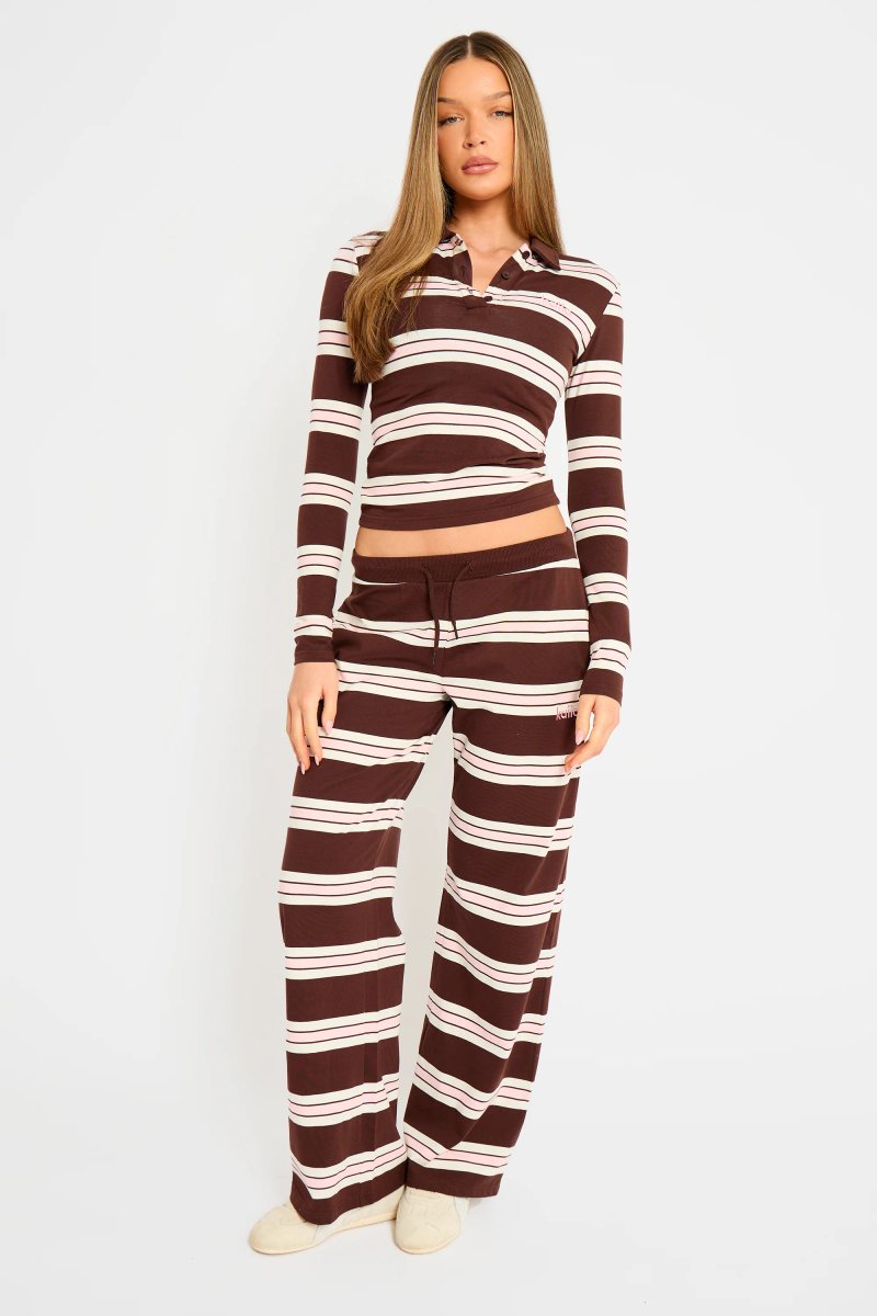 Kaiia Kaiia Striped Long Sleeve Polo Top Brown, Pink & Cream - 3