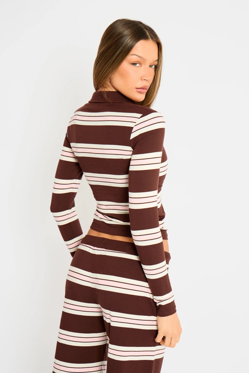 Kaiia Kaiia Striped Long Sleeve Polo Top Brown, Pink & Cream - 4