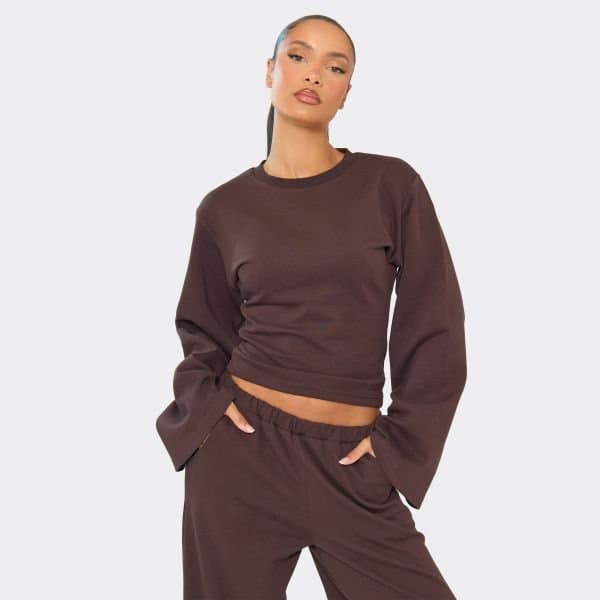 EGO Flared Sleeve Cinched Waist Top In Chocolate Brown Interlock, Women's Size UK 6