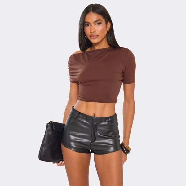 EGO EGO Slash Neck Short Sleeve Cinched Waist Top in Chocolate Brown