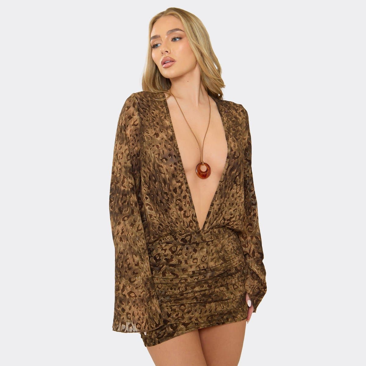 EGO Long Sleeve Plunge Neck Ruched Mini Dress In Brown Devore, Women's Size UK 6