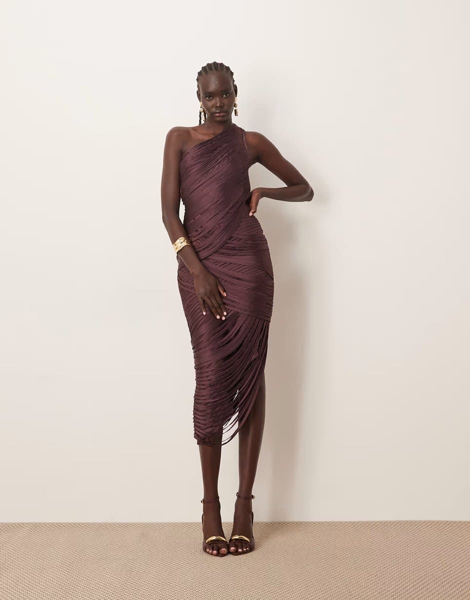 ASOS ARRANGE asymmetric draped fringe one shoulder midaxi dress in burgundy