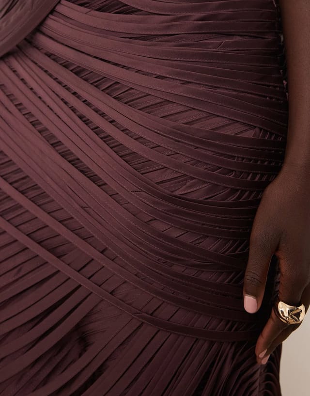 ASOS ARRANGE asymmetric draped fringe one shoulder midaxi dress in burgundy - 3