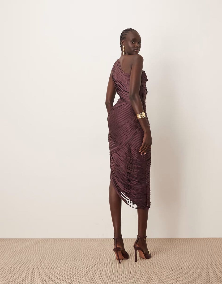 ASOS ARRANGE asymmetric draped fringe one shoulder midaxi dress in burgundy - 4