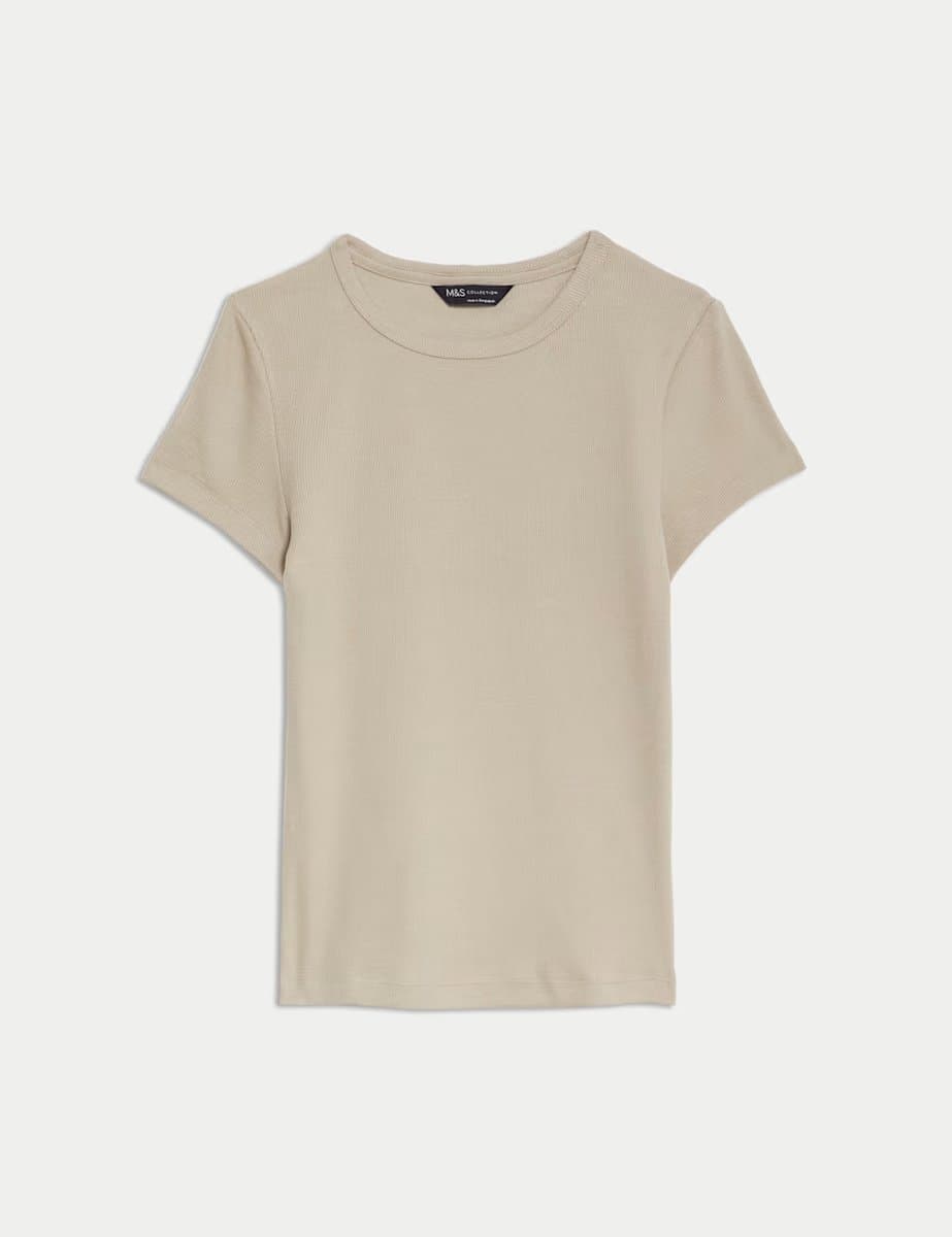 Marks & Spencer M&S Beige Cotton Rich Slim Fit Ribbed T-Shirt