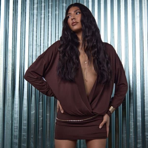 EGO Long Sleeve Extreme Plunge Mini Dress In Chocolate Brown, Women's Size UK Large L