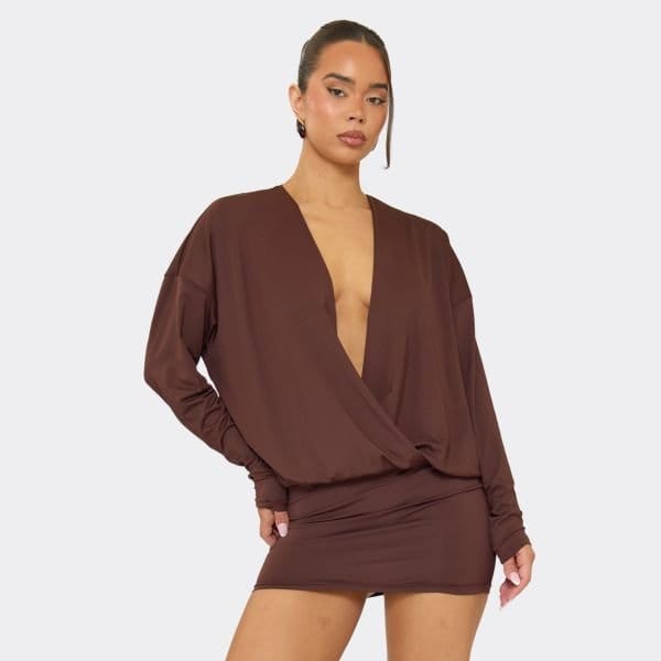 EGO Long Sleeve Extreme Plunge Mini Dress In Chocolate Brown, Women's Size UK Large L - 2