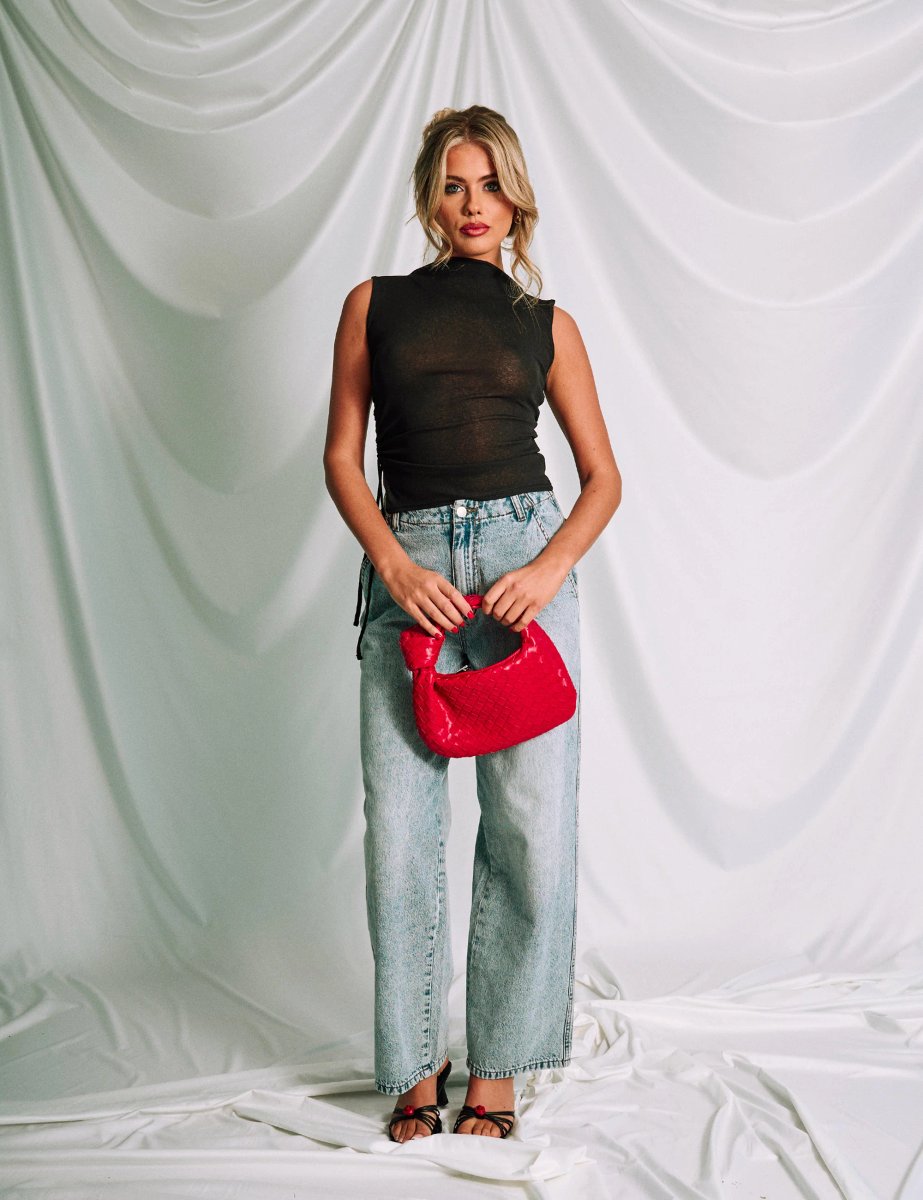 Public Desire Boat Neck Mesh Top With Ruched Details Black - 3