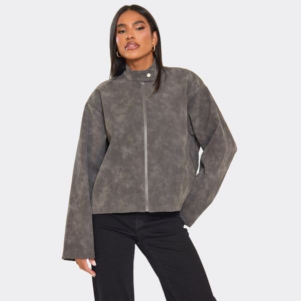 EGO High Neck Boxy Washed Jacket In Grey Faux Leather, Women's Size UK 6 - 1
