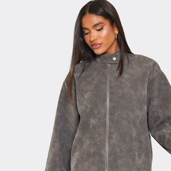 EGO High Neck Boxy Washed Jacket In Grey Faux Leather, Women's Size UK 6 - 2