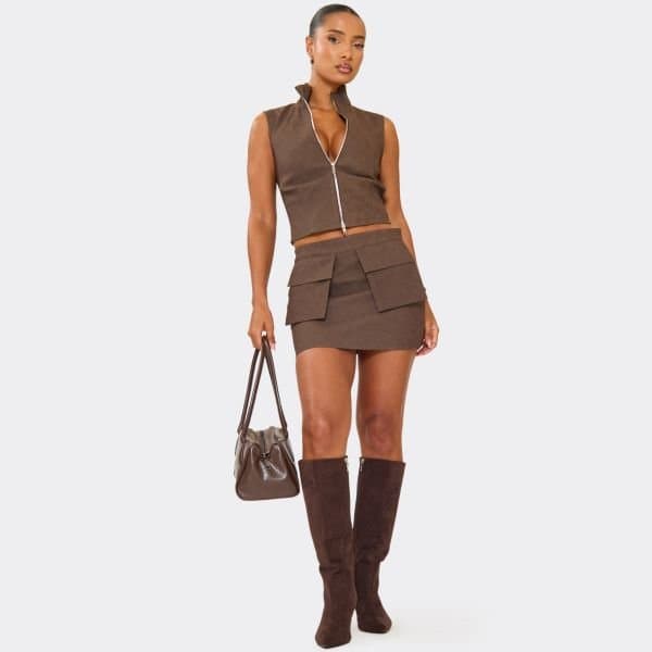 EGO High Waist Cargo Pocket Mini Skirt In Brown Faux Leather, Women's Size UK 6