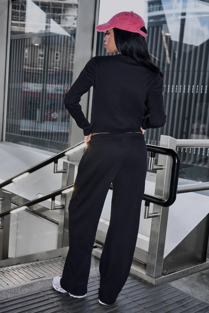 Kaiia Kaiia Label Logo Rib Wide Leg Trousers Black - 3