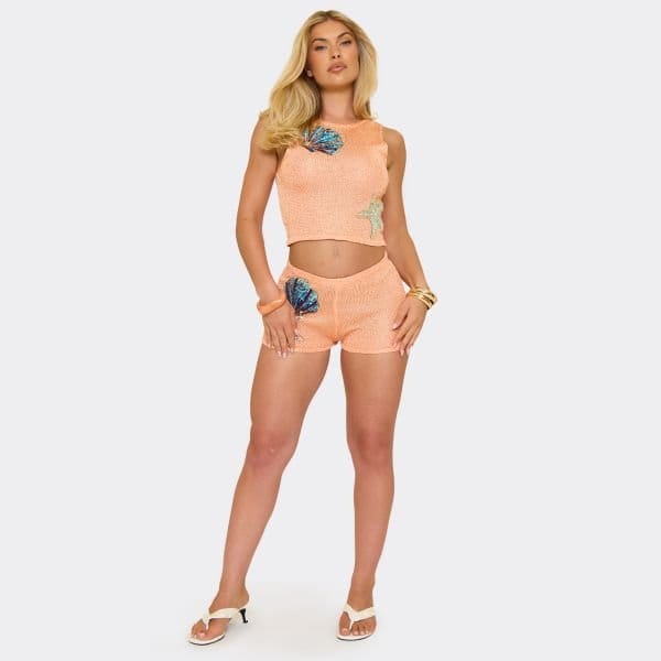 EGO Mid Rise Shell Applique Detail Shorts In Orange Glitter Knit, Women's Size UK Small S - 1