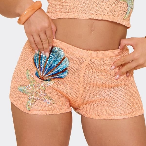EGO Mid Rise Shell Applique Detail Shorts In Orange Glitter Knit, Women's Size UK Small S - 2