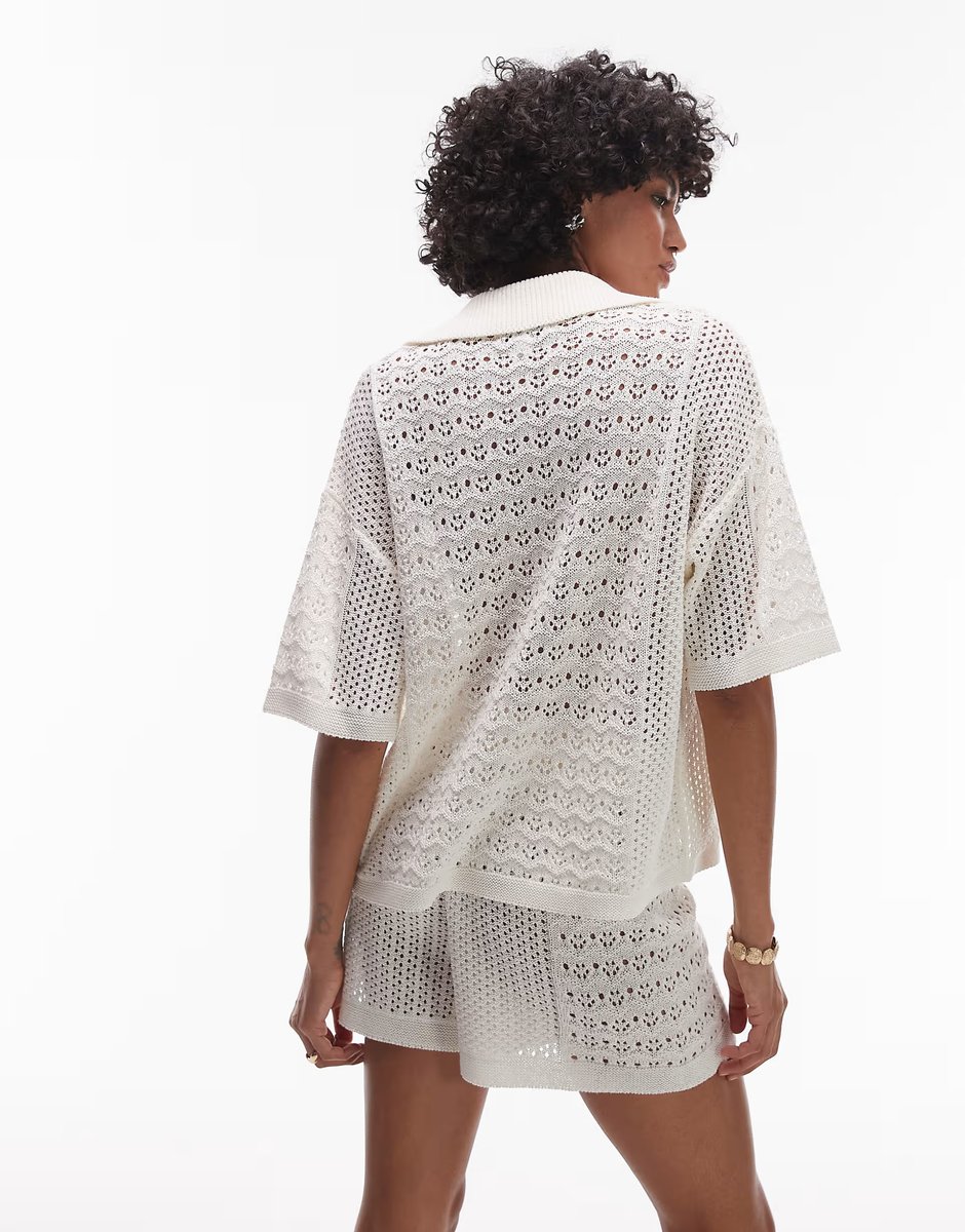 ASOS Topshop open stitch co-ord polo top in ivory - 2