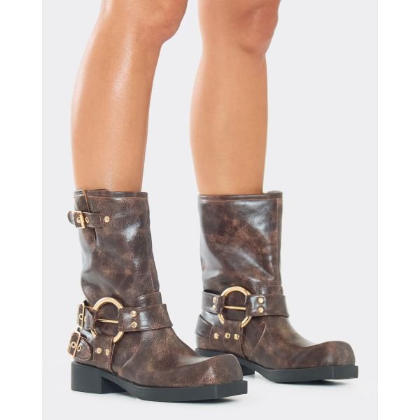 EGO Elsanna Ring Detail Ankle Biker Boot In Brown Faux Leather, Women's Size UK 3 - 2