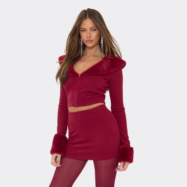 EGO Long Sleeve Faux Fur Collared Top In Burgundy Ribbed, Women's Size UK 6 - 2