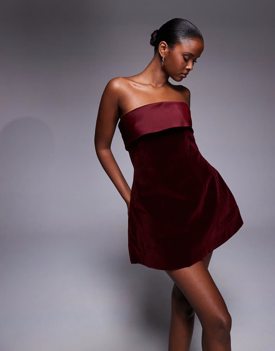 ASOS ASOS Murci Satin Trim Velvet Mini Dress in Burgundy