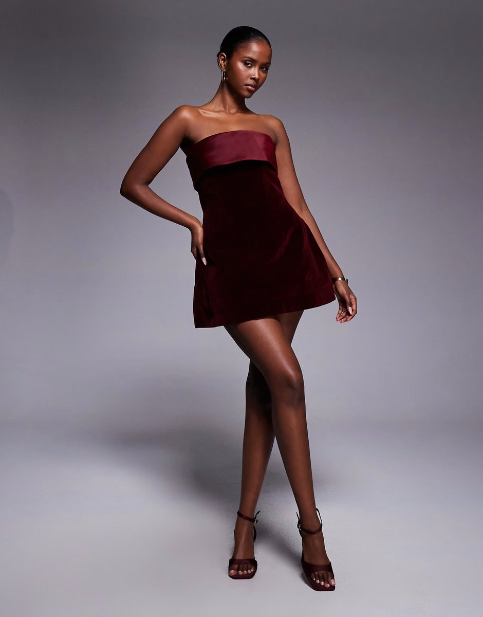 ASOS Murci exclusive satin trim velvet mini dress in burgundy - 3