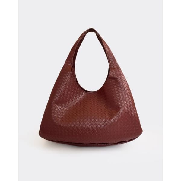 EGO Kam Woven Detail Shaped Shoulder Bag In Brown Faux Leather, Women's Size UK One Size - 2