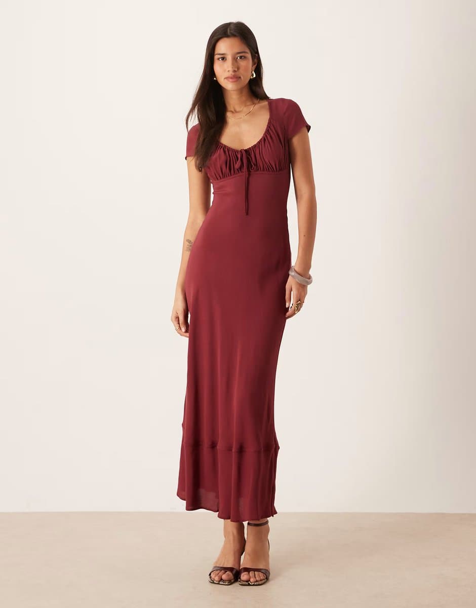 ASOS ASOS DESIGN ruched front puff sleeve maxi dress in burgundy