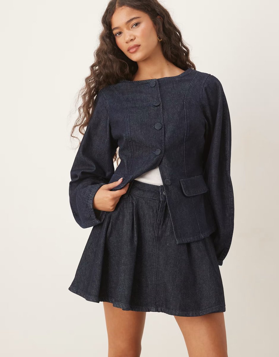 ASOS ASOS DESIGN denim peplum jacket with button detail and pleat mini skirt in dark mid blue - 2