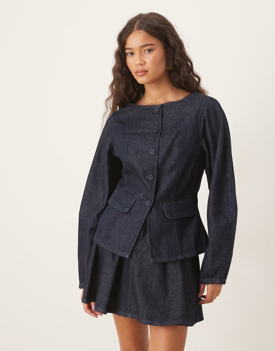 ASOS ASOS DESIGN denim peplum jacket with button detail and pleat mini skirt in dark mid blue - 3