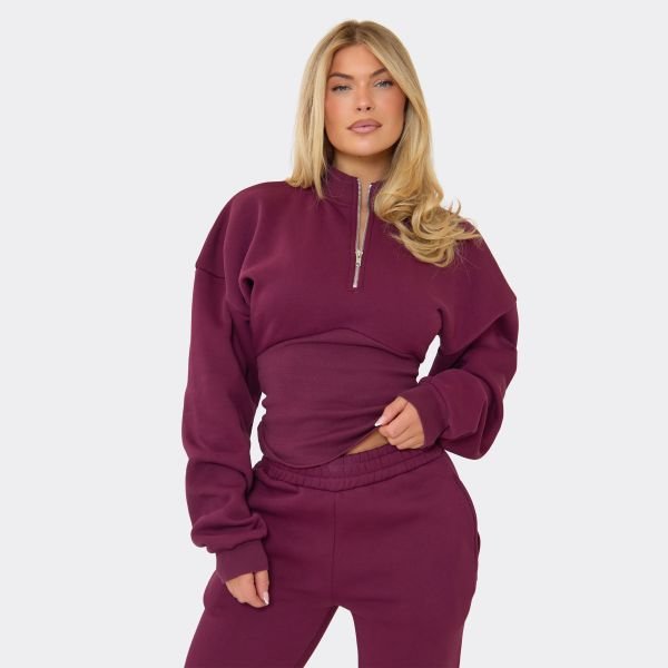 EGO HIGHNECK QUARTER ZIP UP SWEATSHIRT IN PURPLE, Women's Size UK 6 - 1