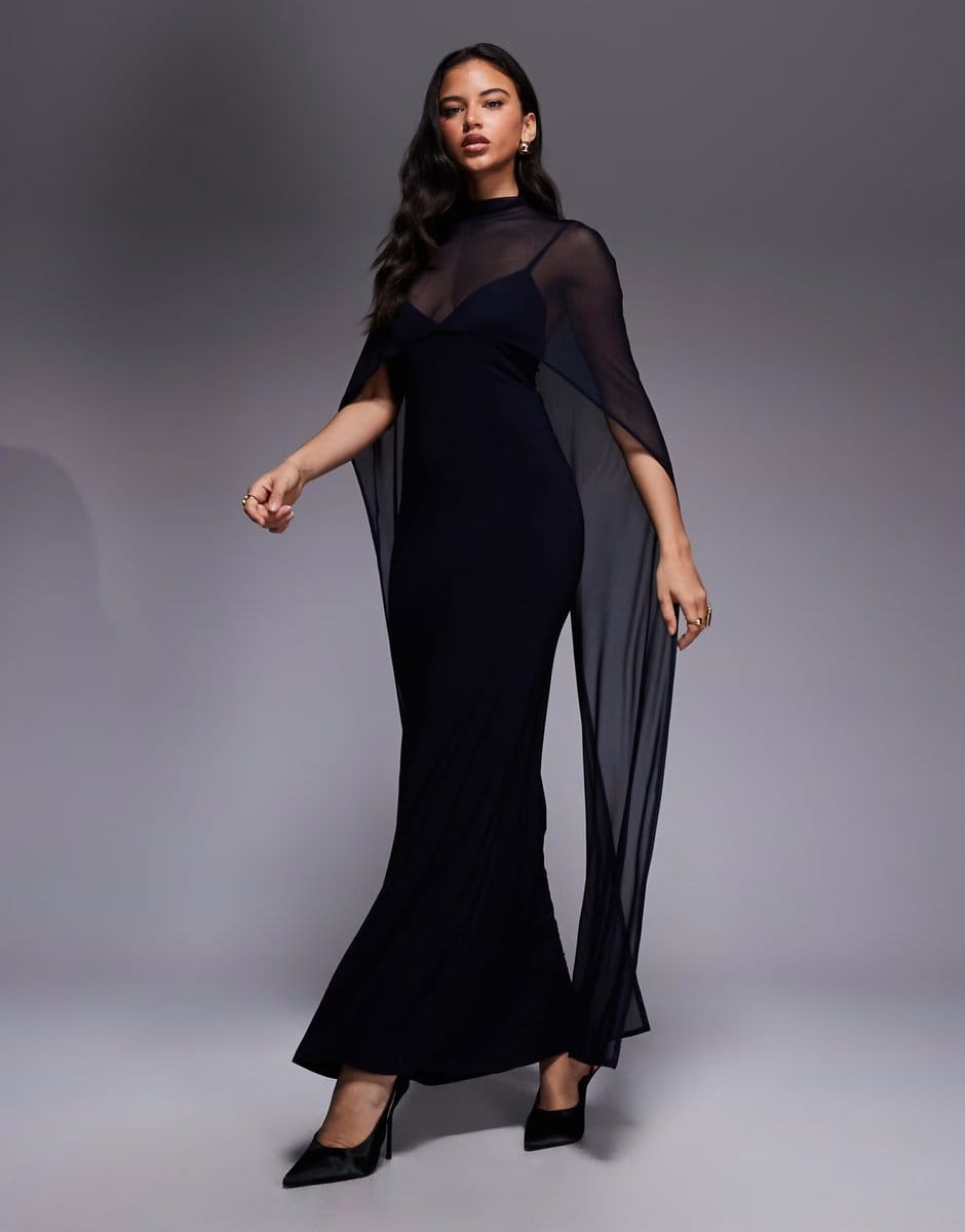 ASOS ASOS DESIGN exaggerated cape maxi dress in navy - 4