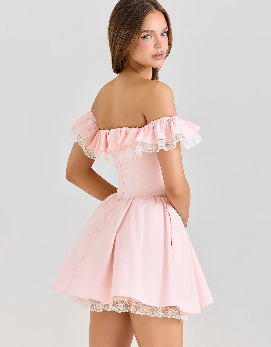 ASOS House of CB Jaide pink stretch cotton off shoulder corset mini dress in pink - 4