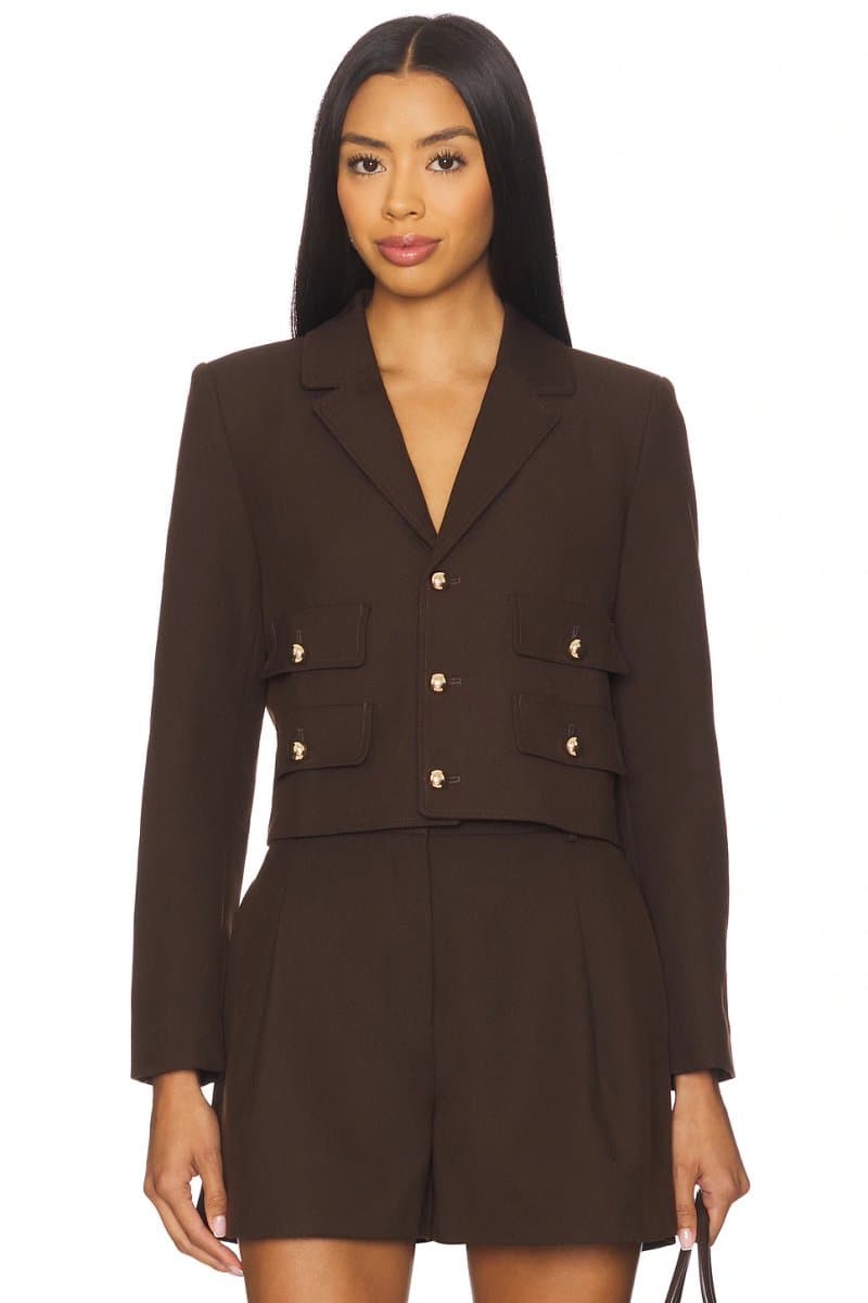 revolve Revolve Karina Grimaldi Cropped Blazer in Chocolate Brown
