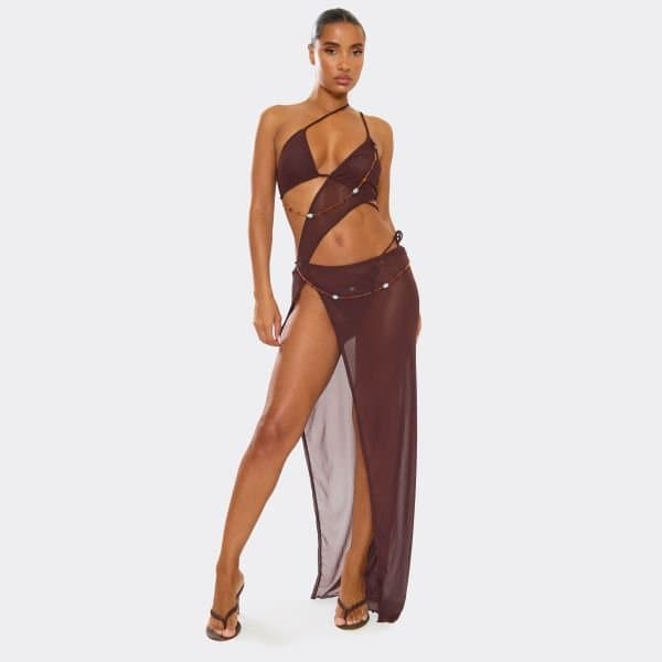 EGO Multi Draped Bead Detail Split Leg Maxi Beach Dress In Brown Mesh, Women's Size UK 8
